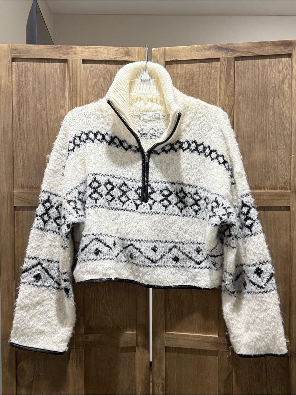 Women's Sage Cream Sherpa Cowl Pullover with Black Geometric Trim